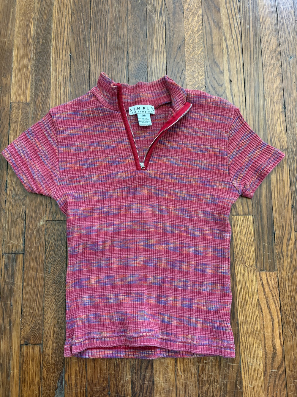 One Step Ahead Short-Sleeve Ribbed Zip-Front Top in Pink Multi
